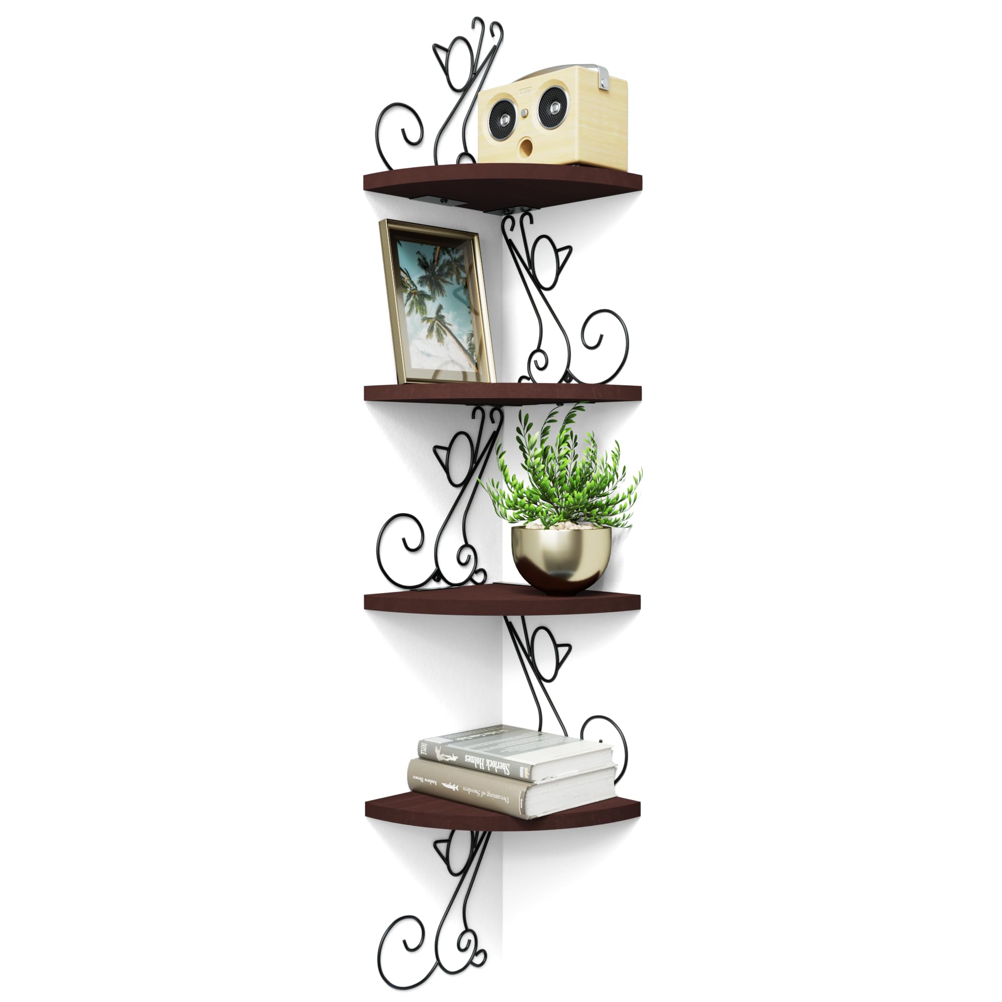 Alsonerbay Corner Shelf Wall Mount of 4 Tier Corner Shelves Rustic Wood Floating Shelf Cat Shape Metal Corner Stand for Bedroom Living Room Bathroom Kitchen Office and More Dark Walnut