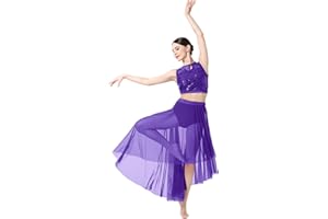 ODASDO Lyrical Dance Costume for Women Sequin Lace Floral Crop Top Asymmetrical Flowy Mesh Tulle Skirt 2pcs Outfit