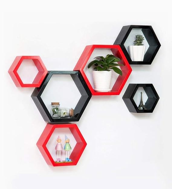 Furniture Cafe Hexagon Shape Wall Shelf Set of 6 Red & Black