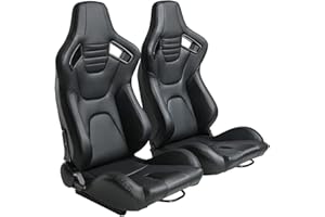 WTRAVEL Racing Seats 2 Pcs Reclinable Bucket Seats with 2 Sliders Adjustable PU Leather Seats Universal Sport Seats for Cars (Black, 36.6"×21.2"×21.6")