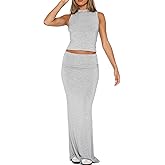 Skirt Sets Women 2 Piece Outfits Summer Going Out Y2K Outfits Two Piece Sleeveless Tank Crop Top Bodycon Maxi Skirts