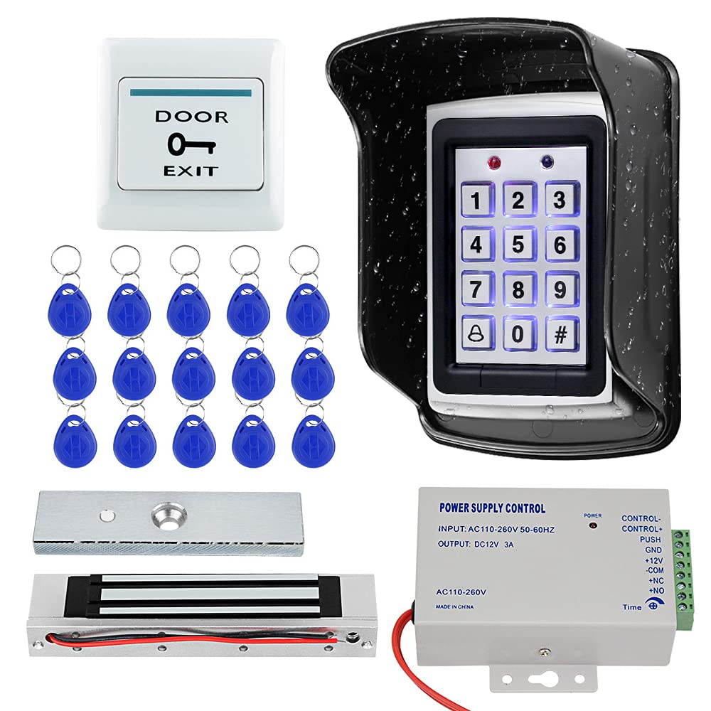 KUMU 7612 Outdoor Waterproof RFID Door Access Control System Metal Keypad+180KG Magnetic Lock+Rainproof Cover+Exit Button+15pcs Keyfobs for Home/Office,Black
