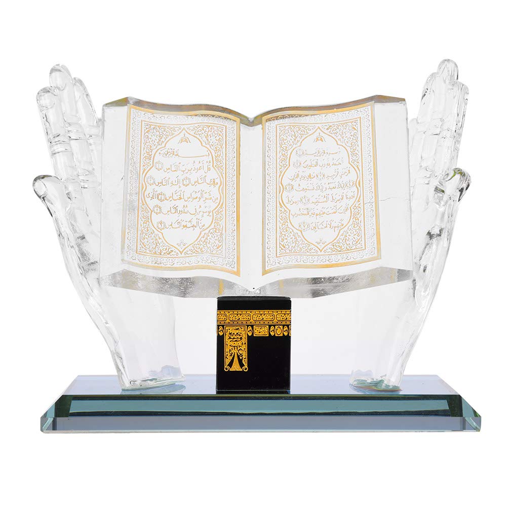 Muslim Crystal Ornament, Gilded Kaaba Hand Holding Book Model for Home Office Table Vehicle Decor Gift Religious Decorative Figurine for Collectors