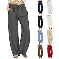 Linen Pants Women High Waisted Straight Leg Lounge Pants Cotton Vacation Beach Trousers Summer Wide Leg Trousers