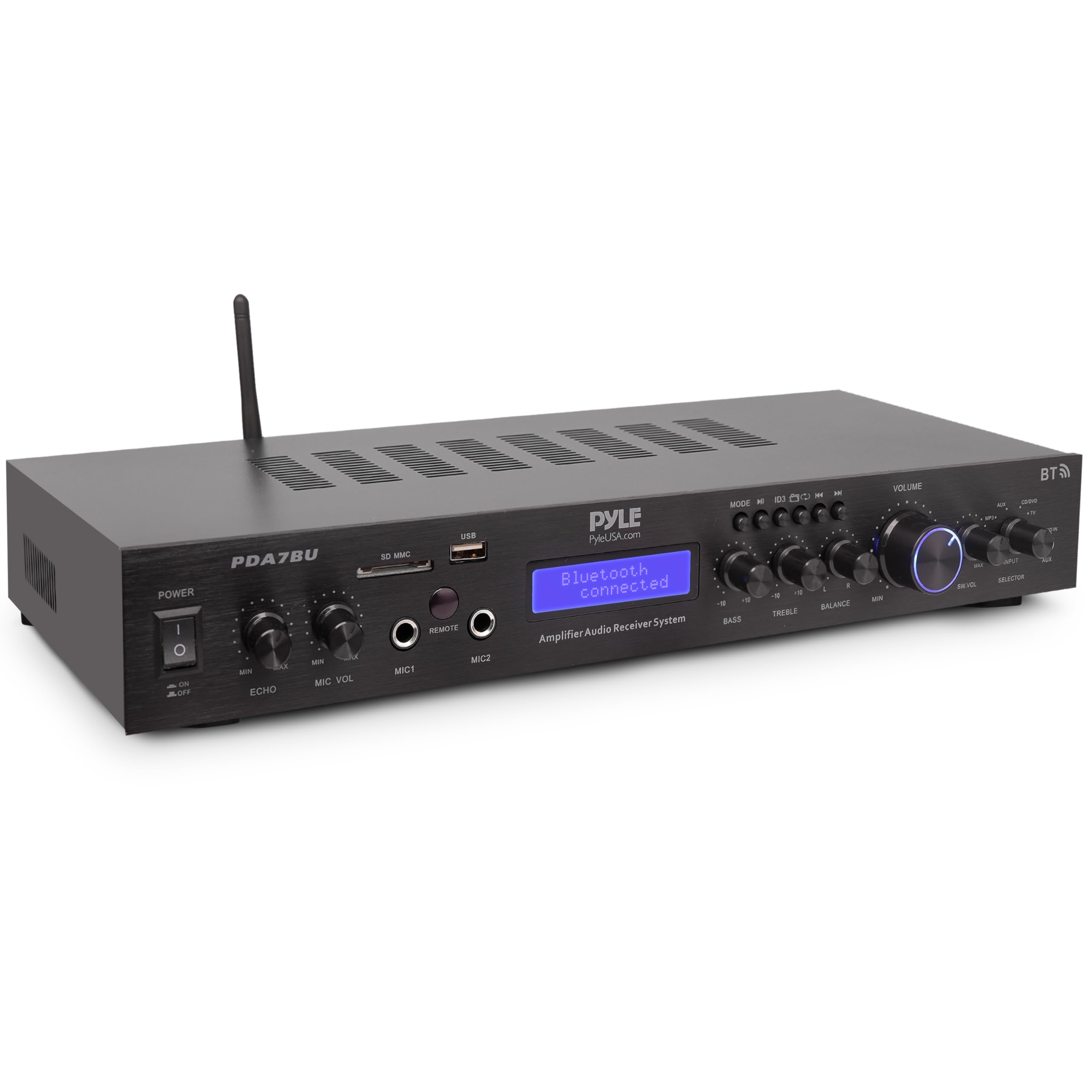 Photo 1 of Pyle Bluetooth Home Theater Amplifier - 200 Watts into 5 Channels with Subwoofer Out, Wireless Streaming, USB/SD with MP3 player, RCA Input, FM Radio, LCD Display - PDA7BU