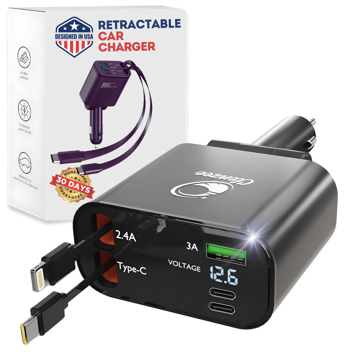 Photo 1 of ?Upgraded? Retractable Car Charger 5 in 1 Fast Car Phone Charger | 2 Retractable Cords (Type-C & iOS) with Additional 3 Ports | Charge 5 Devices | Compatible with iPhone & Android Models