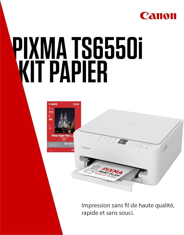 PIXMA TS6550i – Imprimante Jet d’Encre Multifonction Wi-FI – Impression Rapide Recto Verso – Format A4 et 10x15 cm PIXMA Print Plan - Inclus Papier Photo A4 SG-201, 5 Feuilles