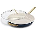 GreenPan Reserve Hard Anodized Healthy Ceramic Nonstick 12" Frying Pan Skillet with Helper Handle and Lid, Gold Handle, PFAS-Free, Dishwasher Safe, Oven Safe, Twilight Blue