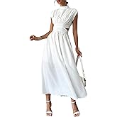 Milumia Women's Mock Neck Cut Out Dress Cap Sleeve Long Flowy Going Out Maxi Dresses with Pockets