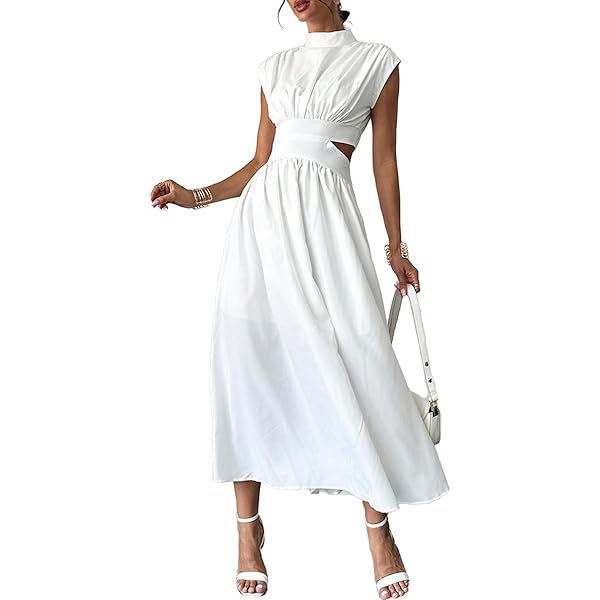 Amazon.com: iXubem Womens Cap Sleeve Cutout Maxi Dresses Casual Summer  Pleated Flowy Stand Collar Party Long Dress with Pockets Black : Clothing,  Shoes & Jewelry