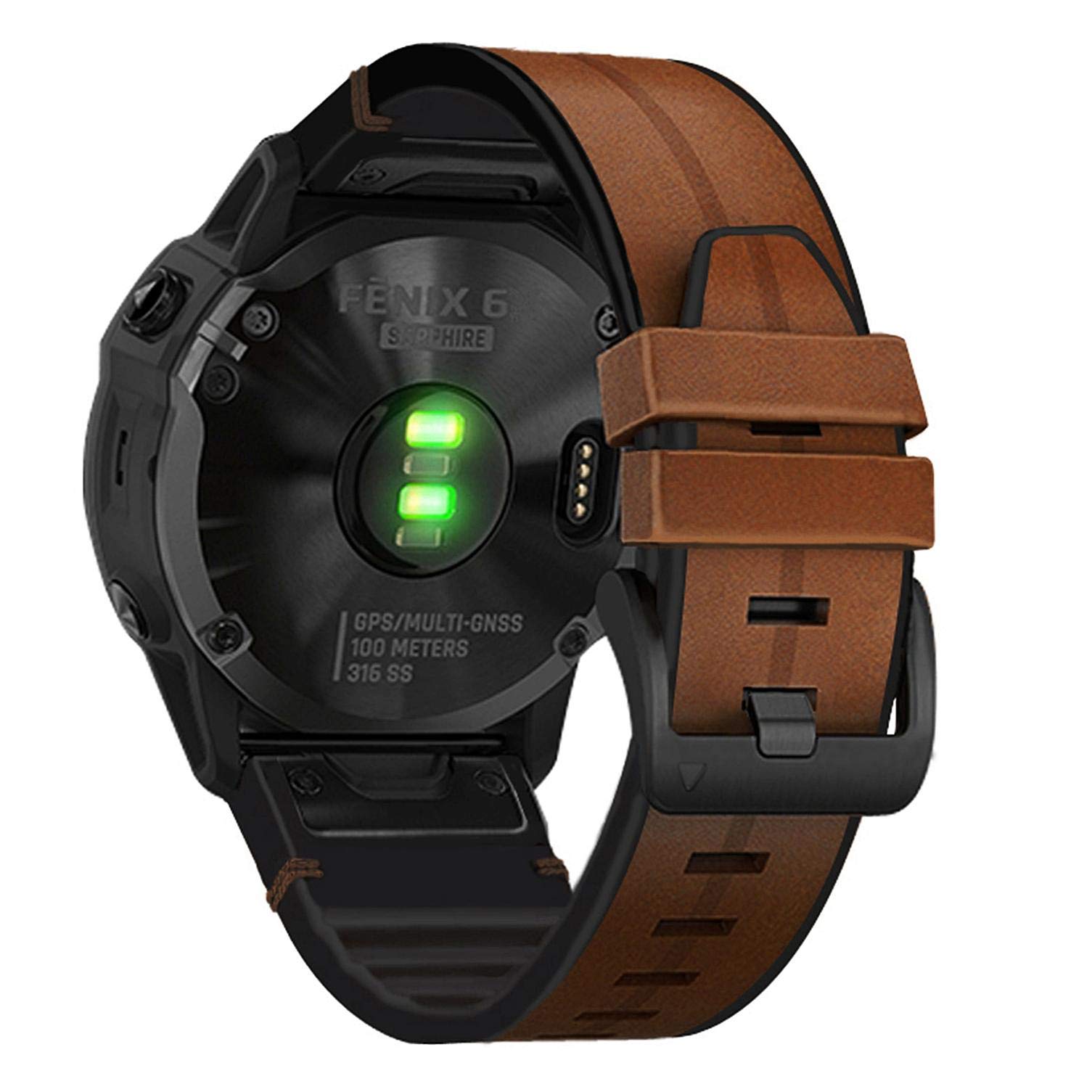 ahayo Leather Watch Strap for Fenix 7 / 6 / EPIX 2 / 5, QuickFit 22mm Genuine Leather with Wavy Silicone Sweatproof Wrist Strap for Garmin Fenix 5 Plus, Approach S62/S60, Instinct (Brown)