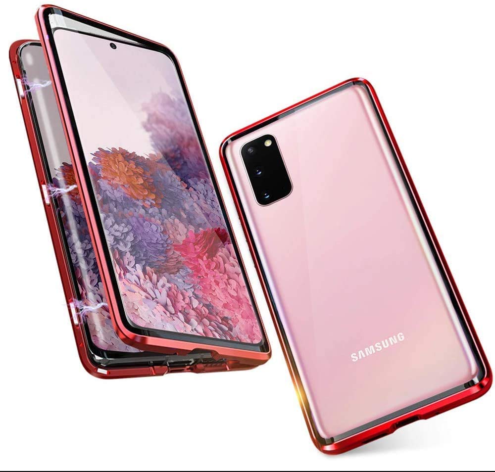Case for Samsung Galaxy S20 Cover Adsorption Magnetic Metal Bumper Frame with Transparent Tempered Glass Front and Back 360 Degrees Full Body Protection Case Shockproof Ultra Slim Flip Cover,Red โ image 1