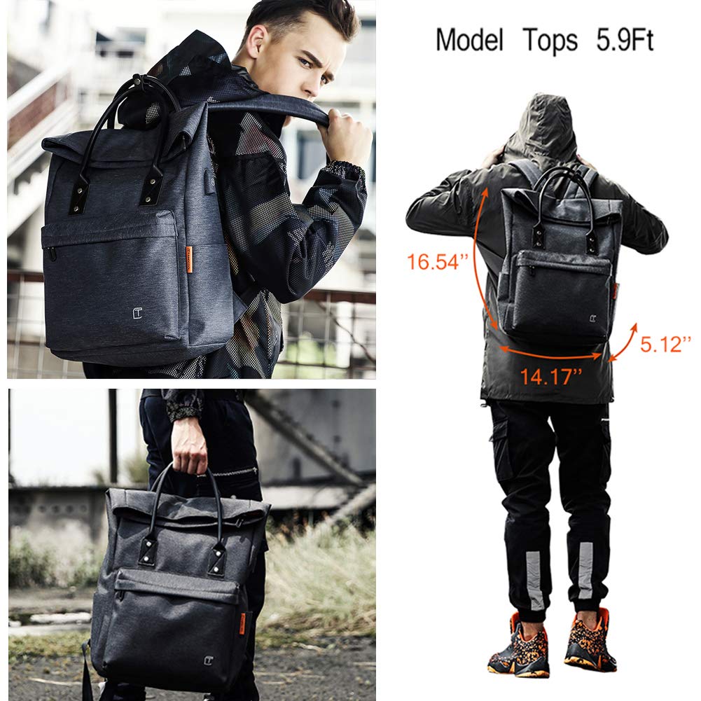 TC Tote Bag Backpack Convertible with USB Charging Lightweight Waterproof School Travel Daypack Fit Under 15-inch Laptop Fashion & Casual Foldable Backpack for Women Men, Black