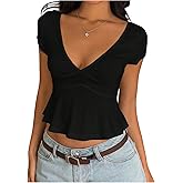 SOLY HUX Women's Summer Peplum Crop Top Y2k Deep V Neck Short Sleeve Going Out T Shirts