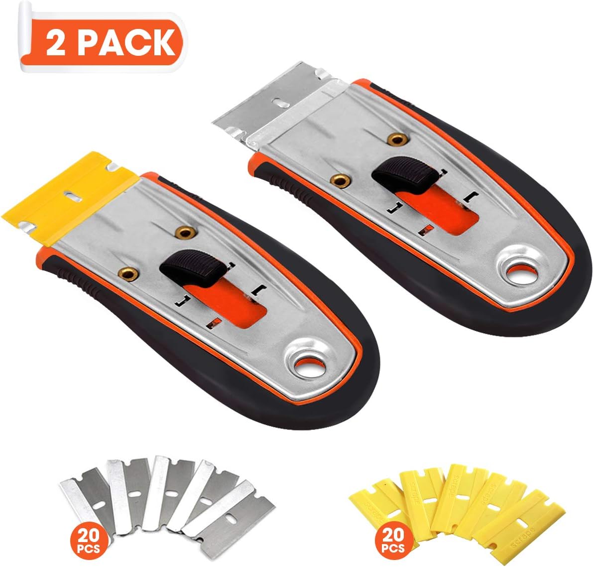 2 Pack Razor Scrapers Retractable Glass Sticker Scraper with 20 Carbon Steel Blades & 20 Plastic Blades Utility Mini Removal Tool for Cleaning Glass,Decals,Labels,Paint and More