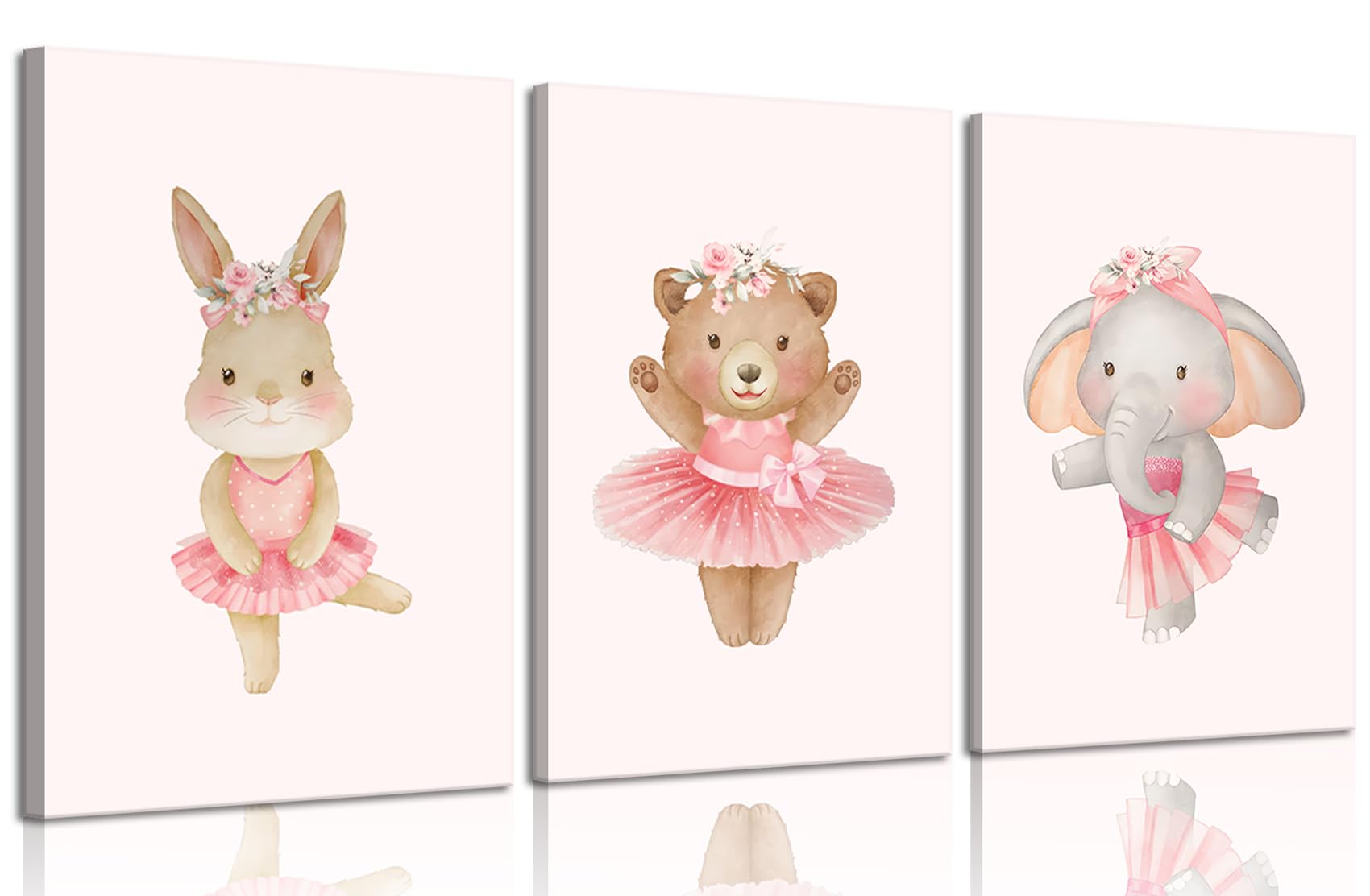 Photo 1 of 3Pcs Pink Ballerina Animals Canvas Wall Art Cute Elephant Bunny Bear Wall Decor Pictures Nursery Baby Room Posters Prints for Girls Room Bedroom Home Decoration 12x16in