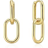 14K Gold Convertible Paperclip Link Earrings,925 Sterling Silver Post Geometric Circle Twist Huggie Hoop Earrings, Drop Dangle Earrings for Women
