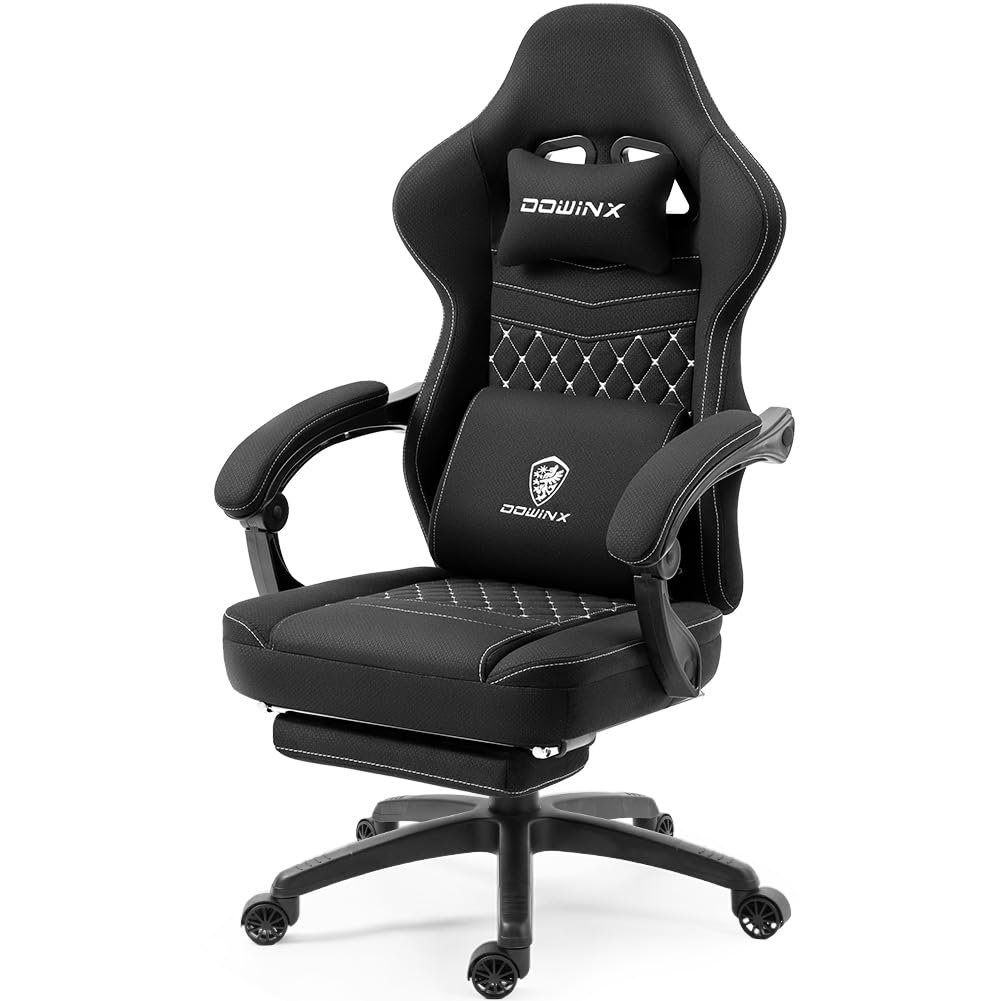 Dowinx Gaming Chair Breathable Fabric Game Chair with Gel Pad and Storage Bag, Comfortable Gamer Chair with Pocket Spring Cushion, Ergonomic Computer Chair with Footrest, Black