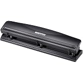 Bostitch Office 3 Hole Punch, Durable Metal, Rubber Base, 12 Sheets, Black | All-steel heads punch clean 9/32 inch holes for any standard 3-ring binder, removable tray catches scraps for easy cleanup