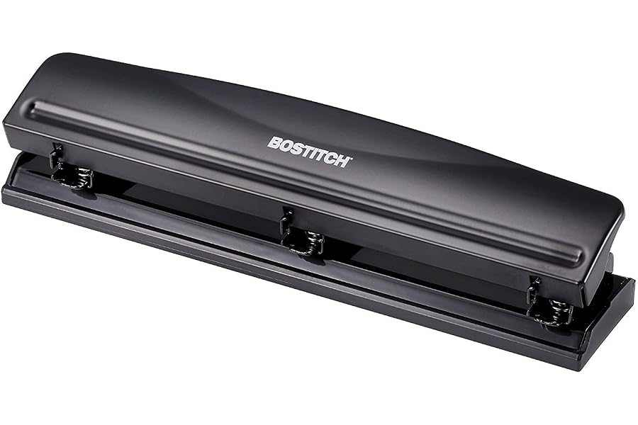 Bostitch Office 3 Hole Punch, Durable Metal, Rubber Base, 12 Sheets, Black | All-steel heads punch clean 9/32 inch holes for any standard 3-ring binder, removable tray catches scraps for easy cleanup