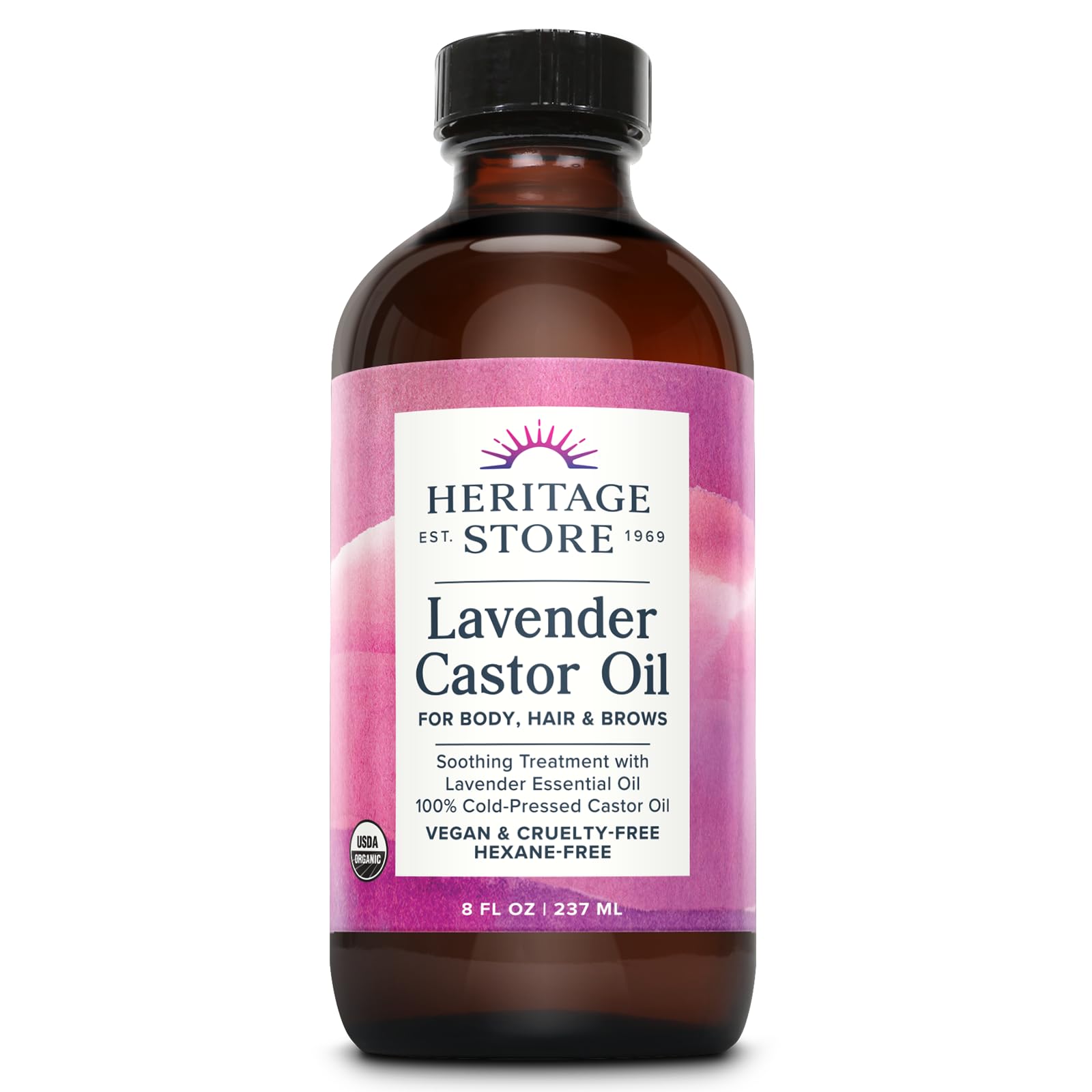 Heritage Store Palma Christi Organic Castor Oil, Lavender | Hair & Skin Moisturizer, Eyebrow Thickener | Cold Pressed | 8 oz