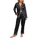 Anjue Silk Satin Pajamas Set Women's Long Sleeve Sleepwear Soft Pjs Set Two Piece Button Down Pj Set with Pockets S-XXL