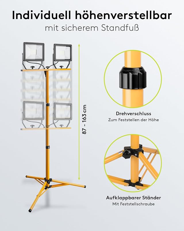 2 x 50W Baustrahler LED mit Stativ einstellbar und 2,5m Kabel für Baustelle, Werkstatt oder Keller - IP65 Baulampe LED für Innen- & Außenbereich - Strahler 2x8500 Lumen kaltweißes Licht 6500K