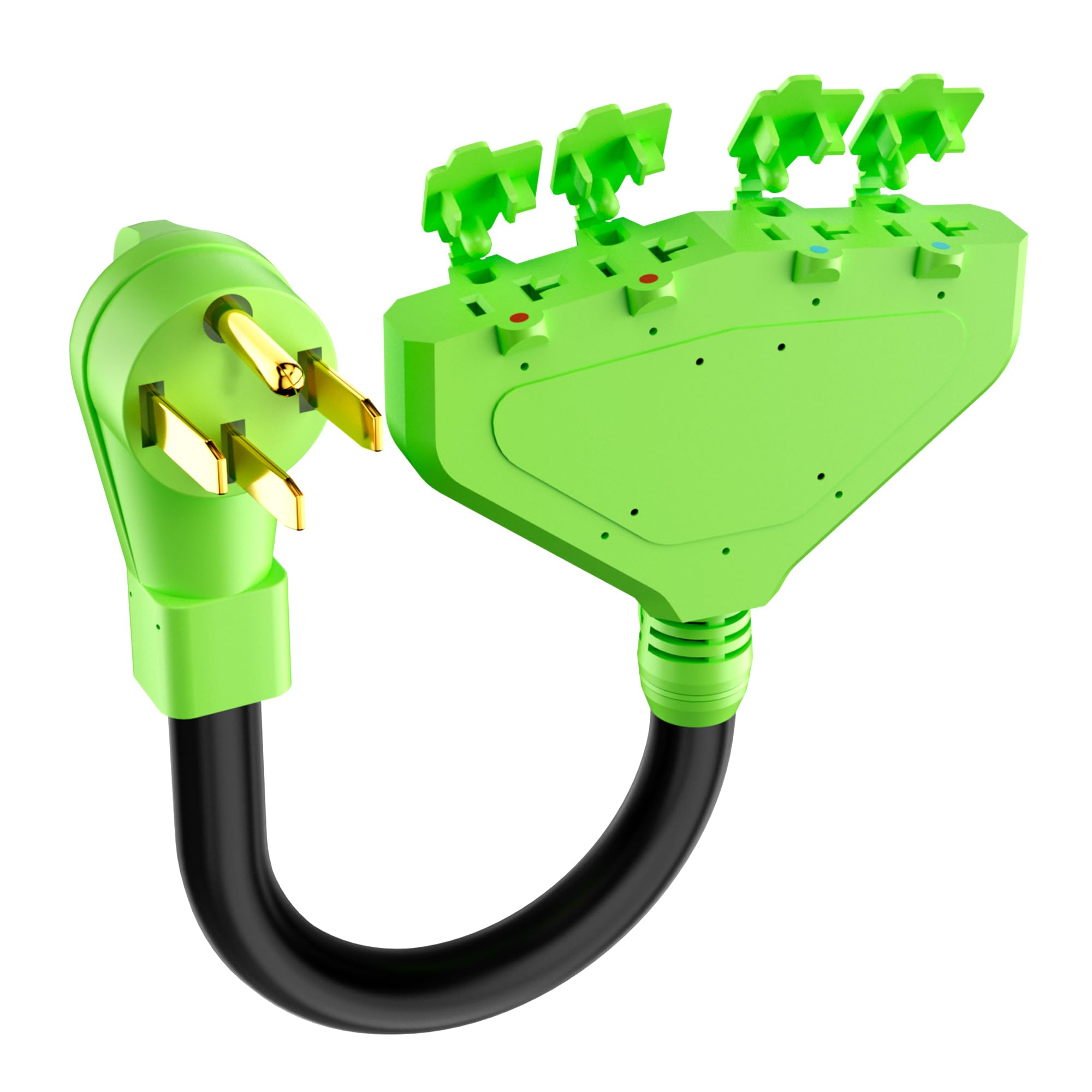 Photo 1 of 50 Amp to 20 Amp /15 Amp 110V RV Adapter, NEMA 14-50P to 4X 5-15R/5-20R Generator Distribution Cord, 4 Prong 14-50P Male Plug, Four Household Outlets with Dust Protection Caps, STW 10AWG*4C, 1FT