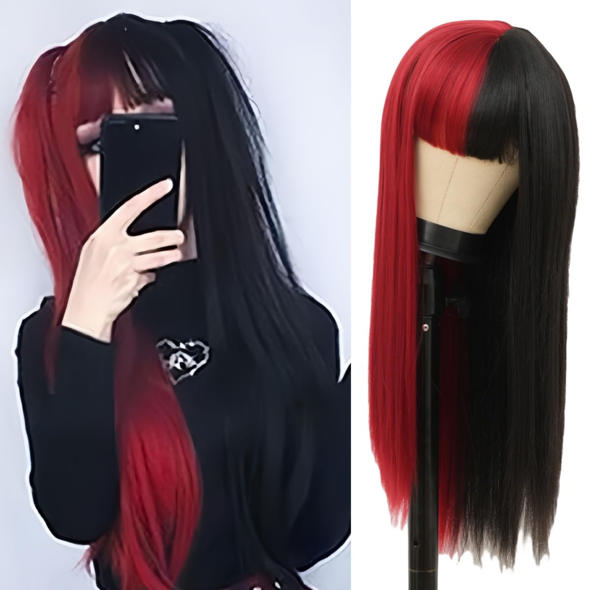 Salaibs Half Red Half Black Wigs for Women Long Straight Natural Synthetic Wig with Bangs for Halloween Party Costume Hair Wig (Red Black) โ image 1