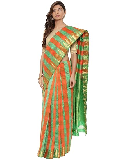 Womens Kanchipuram Silk Saree With Running Blouse Piece (CCMYSS10374_Green & Orange)
