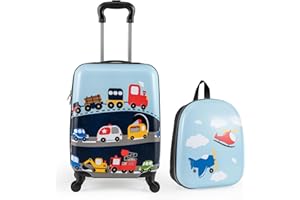KOTEK 2 PCS Kids Luggage, 16” Hardside Carry On Luggage with Wheels & Hardshell Backpack, Toddler Rolling Suitcase for Boys a