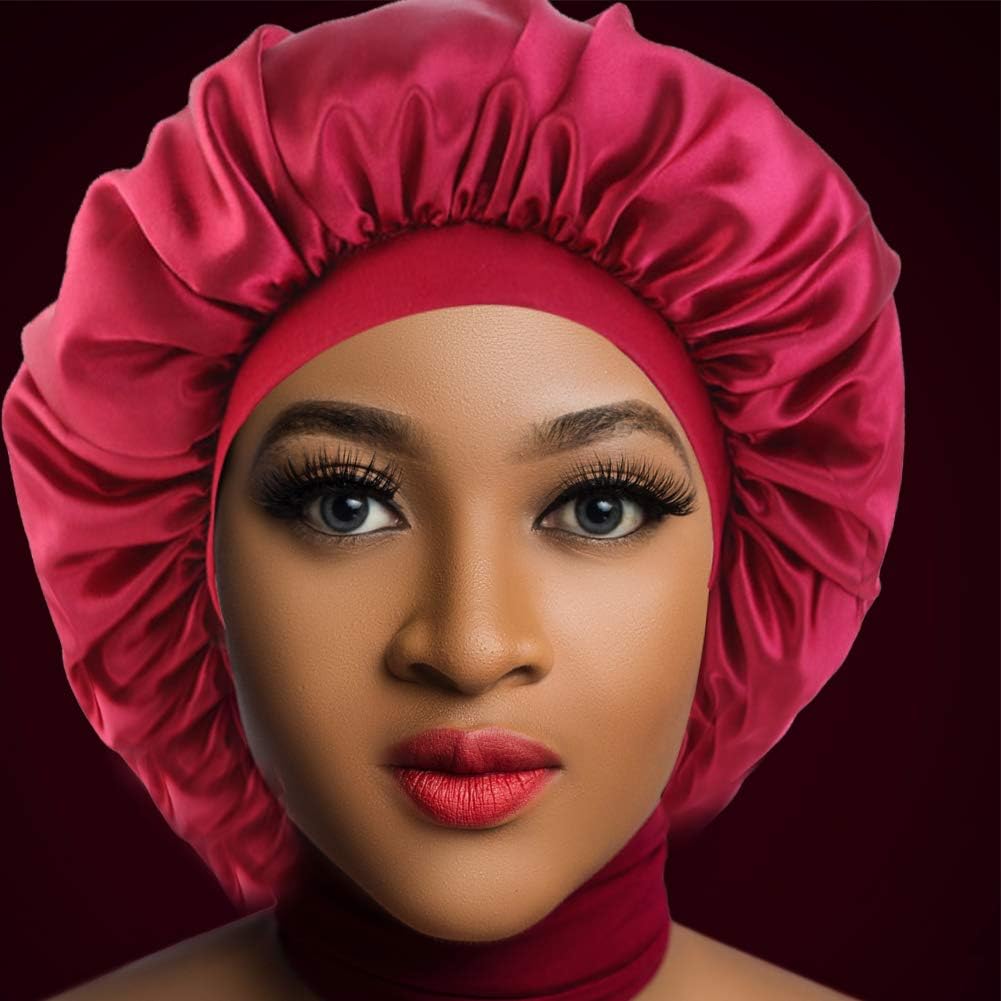 3 Pack Satin Silk Bonnet Sleep Cap Extra Large Jumbo Day and Night Cap Hat Salon Bonnet Head Hair Covers Chemo Caps with Elastic Wide Band for Black Women Long Curly Natural Hair Braids