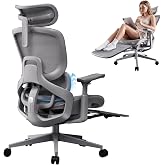 FLOW360 Ergonomic Mesh Office Chair with Footrest, Big&amp;Tall Chair Gray MS | Patented lumbosacral support, 3-fold footrest for cross-legged. 4D Armrests, 90-150&deg; tilt