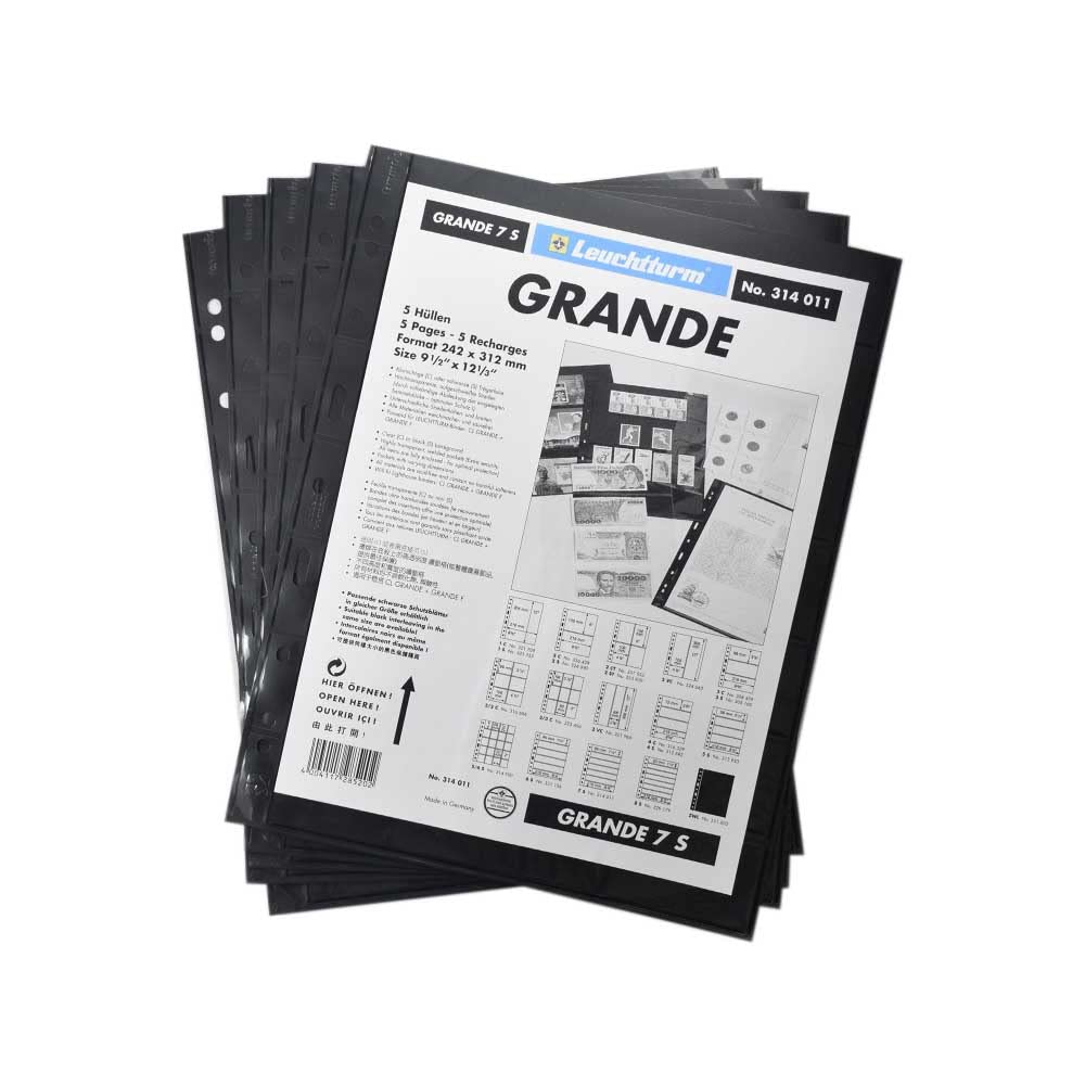 Leuchtturm 314011 Grande plastic sleeves with 7 horizontal strips for stamps, 242 x 312 mm, plasticiser- and acid-free - black, pack of 5
