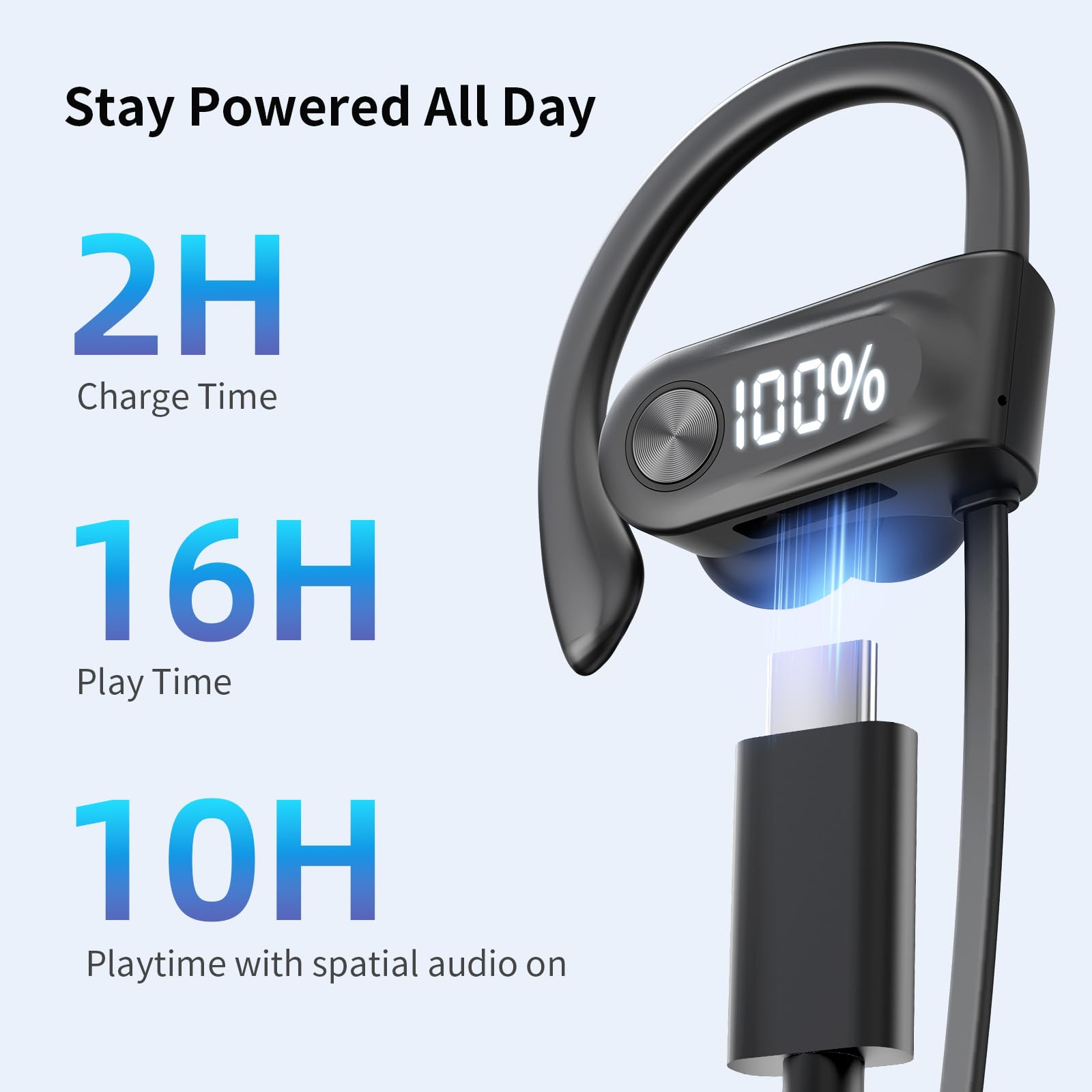 Bluetooth Headphones Wireless Earbuds with Spatial Audio Bluetooth 5.4 IPX7 Waterproof Headphones with Digital Display Deep Bass Stereo Sound Isolation Running Earphones for Sports, Gym, Workout