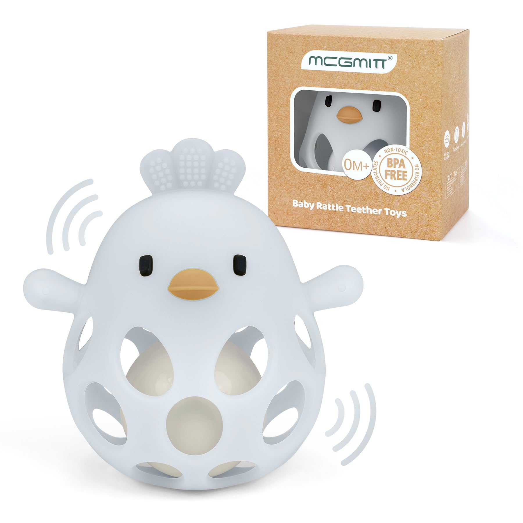 MCGMITT Baby Teething Rattle Toy - Grasping Ball Teether BPA-Free Silicone Chicken Rattle for Sensory and Motor Skill Development for 3, 6, 9 Month Easy to Grip Soft and Safe Montessori Gift – Blue