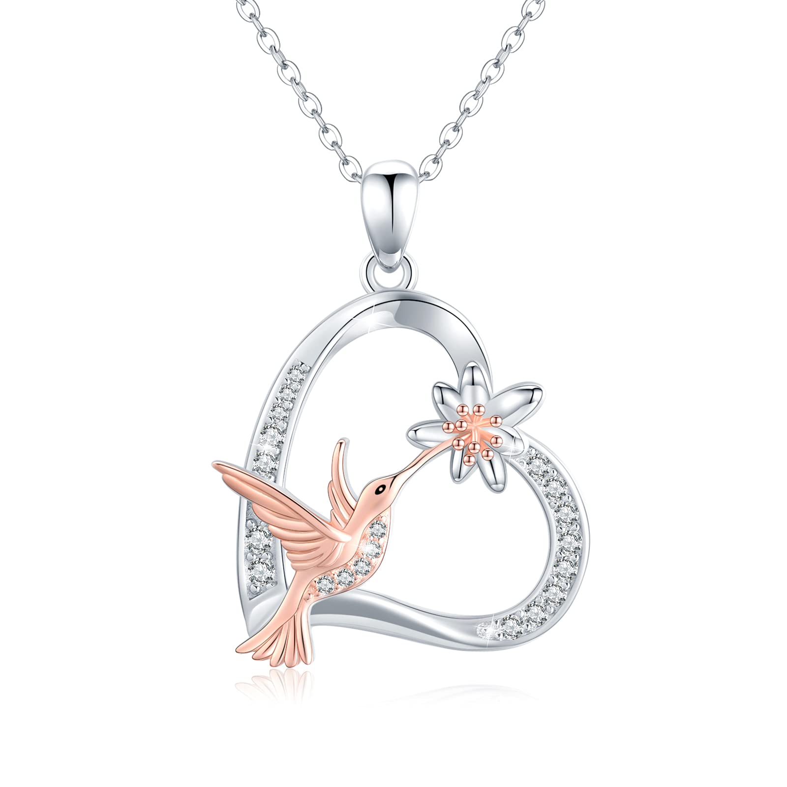 Waysles Hummingbird Necklace for Women 925 Sterling Silver Heart Pendant Lotus Flower and Bird Necklace Birthday Gifts for Wife Girlfriend