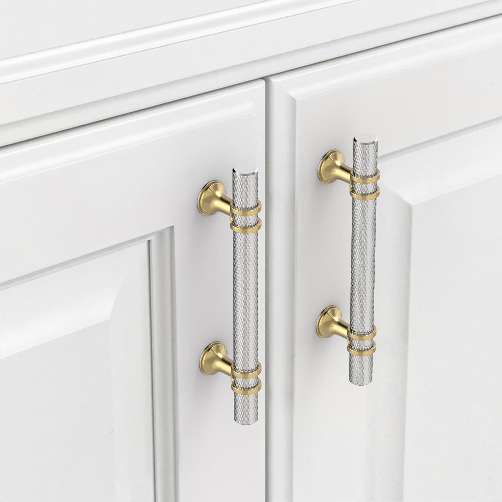 9BUILD 10 Pack Gold Brushed Satin Nickel Cabinet Pulls - 96MM Hole Center Kitchen Cupboard Handles - Knurled Cabinet Handles for Cupboard & Drawer - UK0049 — image 1