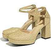Lyngixko Women's High Block Heels Pumps Square Closed Toe Ankle Strap Wedding Dress Shoes