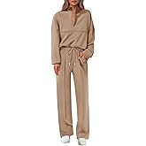 Lazysmile 2 Piece Sets For Women Lapel Half Zip Sweatshirt and Wide Leg Long Pants Sweatsuit Lounge Sets Workout Sets