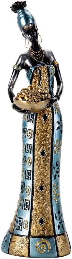 Redeco Full-Dress Decorative African Female Doll Figurine, Tribal Women Sculpture, Indoor Home Office Tabletop Decoration, Carrying Fruit Bowl