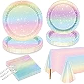 Pastel Rainbow Party Supplies for 20 Guests - Disposable Tableware Set Includes Pastel Paper Plates, Napkins, Forks, Tablecloth for Girls Birthday Party, Baby Shower