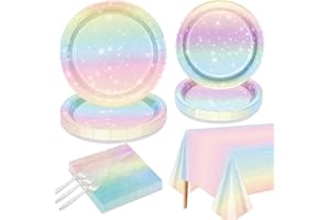 QUERICKY Pastel Rainbow Party Supplies for 20 Guests - Disposable Tableware Set Includes Pastel Paper Plates, Napkins, Forks, Tablecloth for Girls Birthday Party, Baby Shower