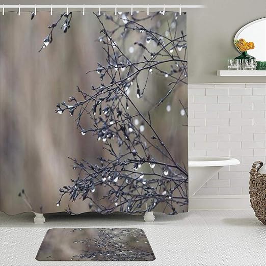 YOLIKA 2-teiliges Duschvorhangset mit Rutschfester Badematte,Botanische