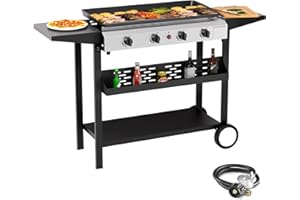 SKOK 4 Burner Flat Top Gas Griddle - Outdoor Gas Griddle-40000 BTU Propane Fuelled, Portable Camping Griddle Station with Side Shelves for Kitchen, Outdoor BBQ, Camping