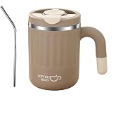 16oz Insulated Coffee Mug with Handle, Lid and 3 Drinking Options(khaki) | 304 steel inner;Straw, spout or open cup;Dust cover;Leak-resistant seal;Anti-scald handle;Office and home;3 colors