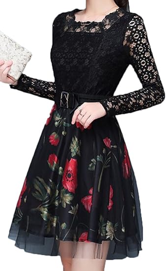 Amazon Iwec 花柄 レース オーガンジー ドレス 長袖 スリム セクシー エレガント ワンピース フラワー パーティー お出かけ ディナー 女子会 主役 かわいい 秋 冬 レディース ミディ丈 ワンピース チュニック 通販