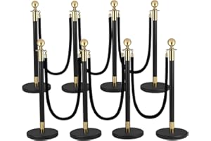 Berverra Crowd Control Barriers Black Gold Stanchions Posts, 8pcs Poles and Black Velvet Ropes 6pcs, Queue Barrier Line Divider with Fillable Plastic Base for Airport,Parties,Grand Opening
