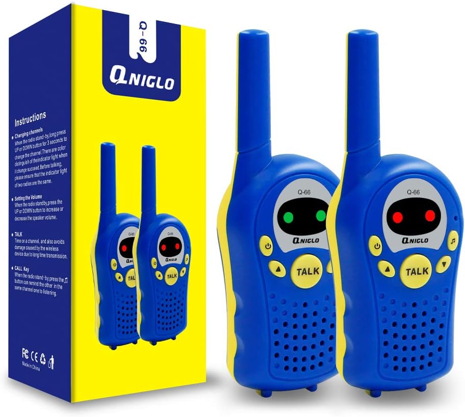 QNIGLO Walkie Talkies for Kids,3 Channels 2 Way Radio Kid Gifts Toys 2 KMs Long Range with 2 Flashing Led Eyes Best Gifts Toys for Boys and Girls to Outside Adventure,Camping (Q66,Dark Blue)