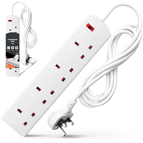 Wolf Power Extension Lead, 4 Gang, 2 Metre Extension Cable with UK 3 Pin Plug & Socket, Wall Mountable Power Strip for Home, Office & Appliances (White, 1 Pack)